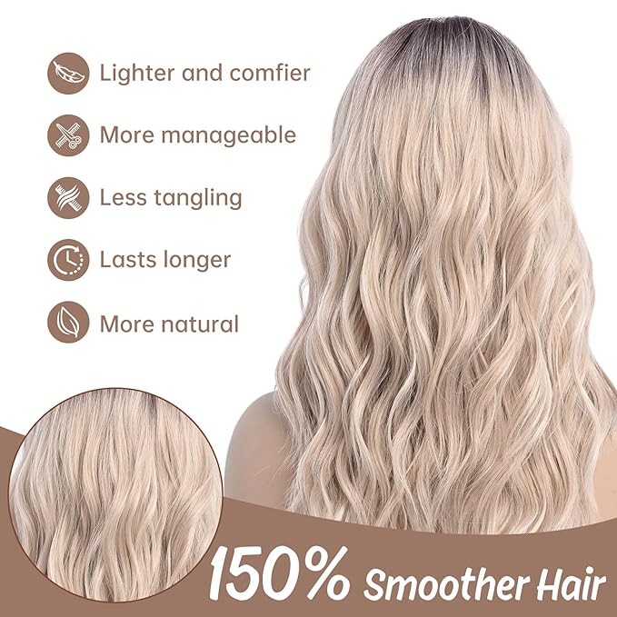 Middle Length Ombre Blonde Wavy Wigs for Women 18 Inch Middle Part Blond Wavy Wig Medium Natural Looking Synthetic Heat Resistant Fiber Wig for Daily Party Use (18 inch)