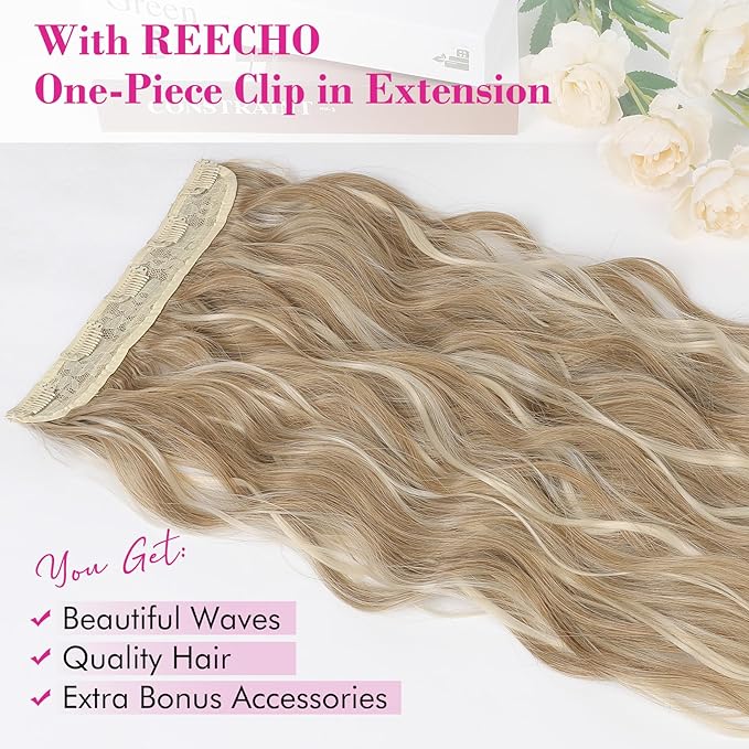 REECHO Clip in Hair Extensions, 20” One Piece Hair Extension Clip in Wefts Long Thick Beach Wavy Natural Soft Synthetic Hairpieces for Women, Medium Blonde with Highlights