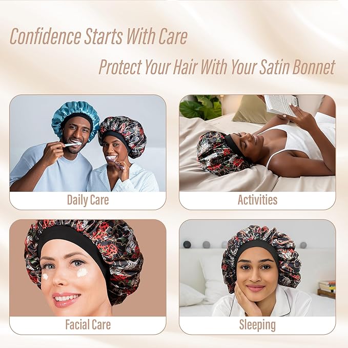CAPLORD Double Sided Satin Bonnet for Sleeping - Adjustable Silk Sleep Cap for Women and Men