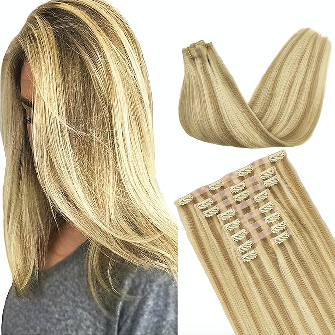 GOO GOO Clip in Hair Extensions Real Human Hair, Remy Human Hair Extensions Clip ins for Women, Natural Human Hair, 20inch 180g 9Pcs, #16/22 Light Blonde Highlighted Golden Blonde