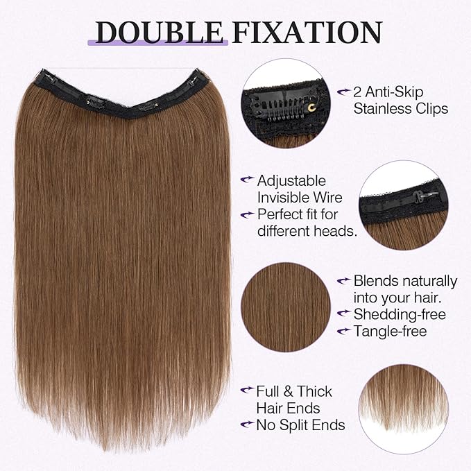 Halo Hair Extensions Real Human Hair,Halo Hair Extension 100% Human Hair, Wire Hair Extensions,Straight Warm Brown 14inch/60g