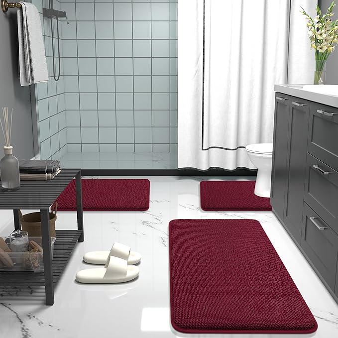 OLANLY Thick Memory Foam Bath Mat Rug 59x20, Extra Soft Absorbent Bathroom Rug, Quick Dry Bath Mats, Non-Slip, Machine Washable Carpet for Bathroom, Tub and Shower, Home Decor Accessories, Burgundy