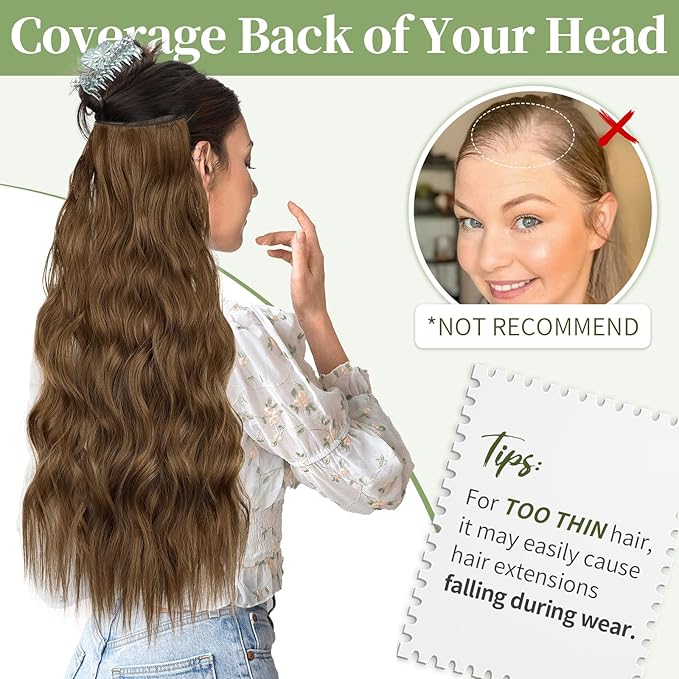 KooKaStyle Invisible Wire Hair Extensions with Transparent Wire Headband Adjustable Size 4 Secure Clips Long Wavy Hairpiece 24 Inch 10/12B#COCOA# for Women