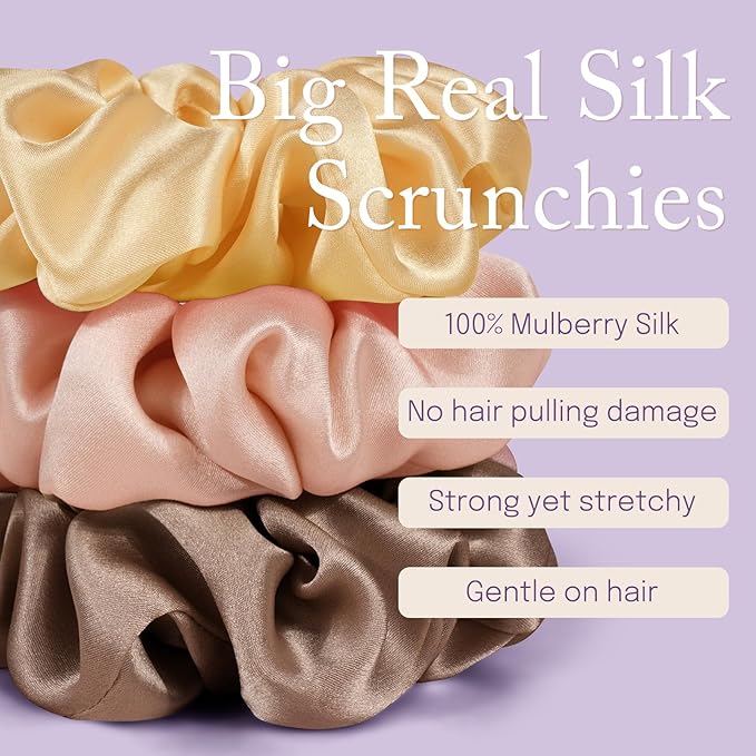 OLESILK Silk Scrunchies Oversized 100% Mulberry: Large for Long Thick Hair, Soft and Smooth for No Damage Hair Care Sleeping, Vintage Fashion