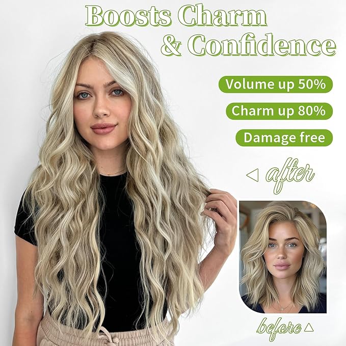 KooKaStyle Invisible Wire Hair Extensions with Transparent Headband Adjustable Size 4 Secure Clips Long Wavy Secret Wire Hairpiece for Women(24 Inch Dirty Blonde Mixed Bleach Blonde)