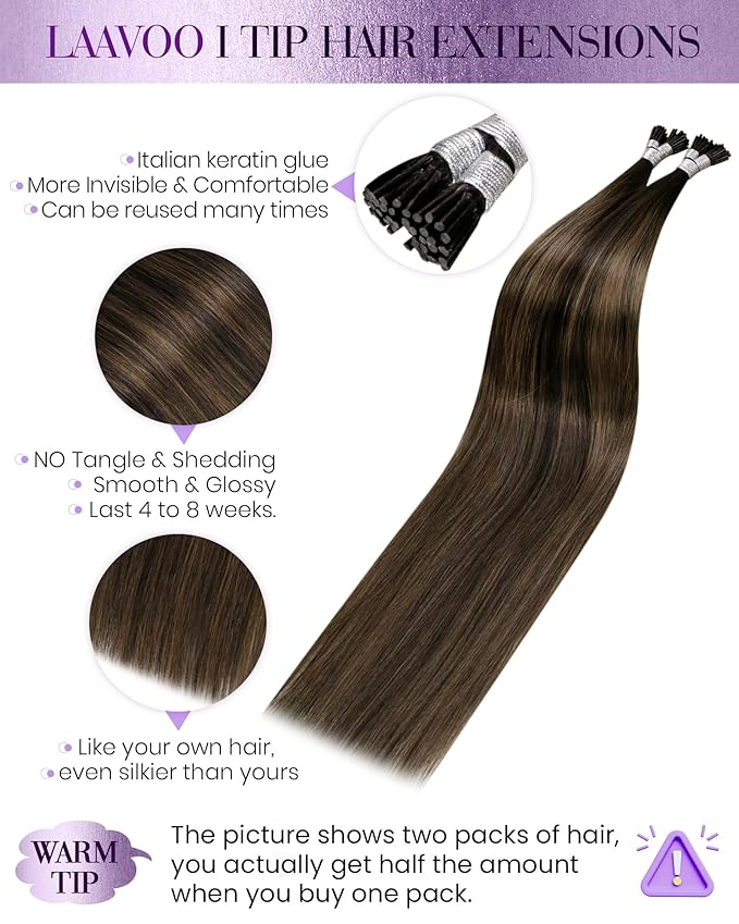 LaaVoo I Tip Hair Extensions Human Hair Brown Itips Hair Extensions Human Hair Dark Brown Balayage Brown 14" 40g 80s