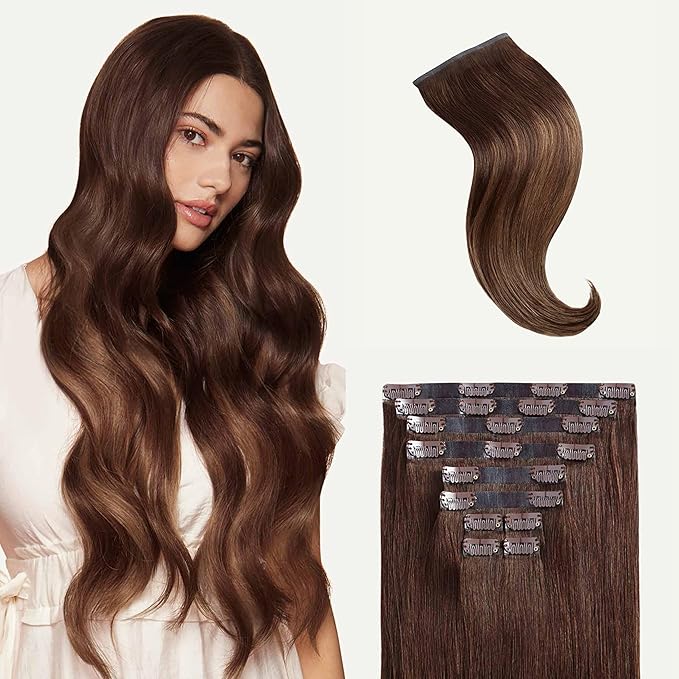 Luxy 100% Remy Human Hair - Seamless Clip-In Hair Extensions - Multi-Dimensional Color for Natural Blending, Adds Volume & Length 160 grams 16" Chocolate Brown Balayage