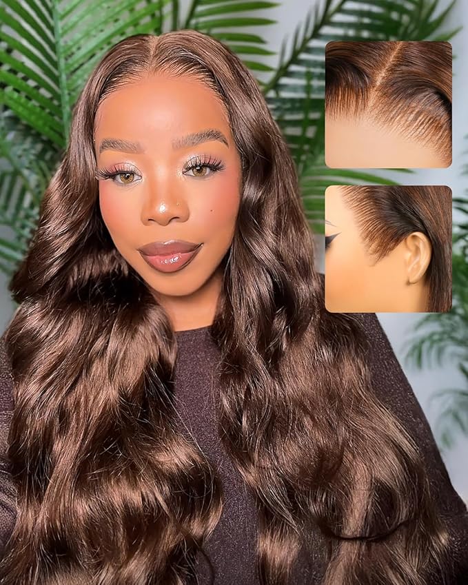 Glueless Chocolate Brown 13x6 Lace Front Wigs Human Hair Ready to Go Glueless Body Wave Wig Pre Cut Pre Plucked Bleached HD Frontal Drawstring Wigs Human Hair 30 Inch 220% Density