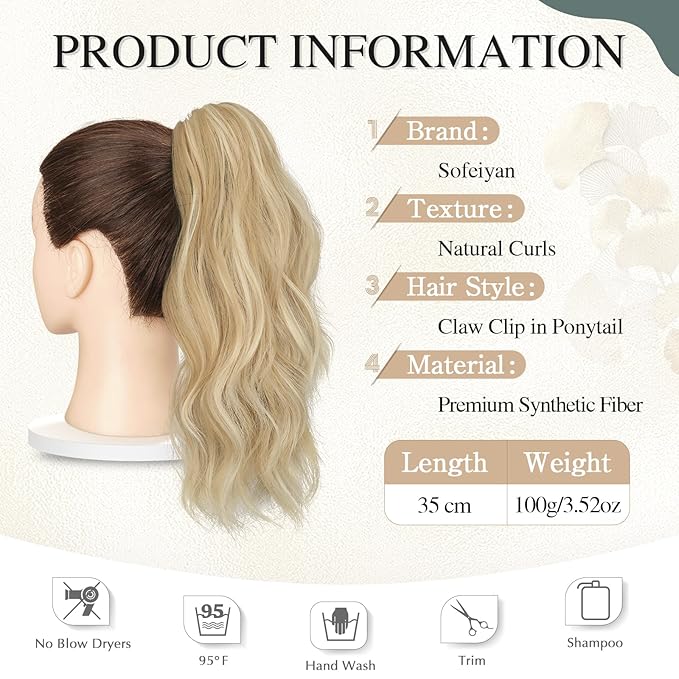 SOFEIYAN 14" Ponytail Extension, Short Wavy Claw Clip in Ponytail Hair Extension Synthetic Hairpieces Beige Blonde Mix Blonde Layered Natural Fluffy Curly Drawstring Ponytail Hair Piece for Women