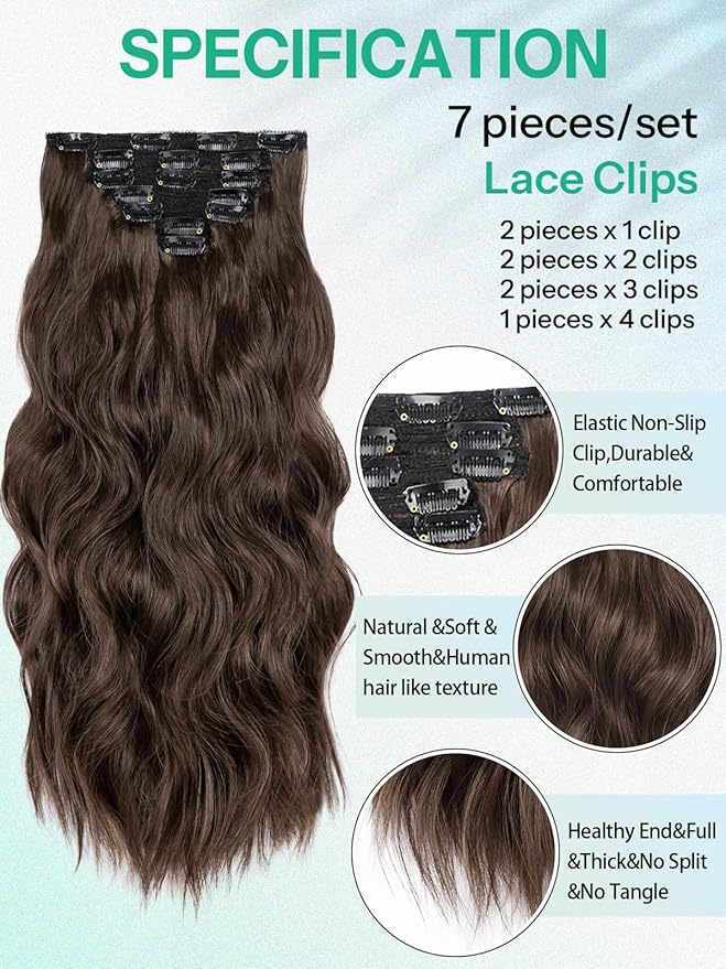 KooKaStyle Clip in Hair Extensions for Women with Thinning Hair，7PCS 20 Inch Thick Long Wavy Hair Extensions Clip Ins，Chocolate Brown with Dark Brown Synthetic Hairpiece for Daily Use Voluminous Look
