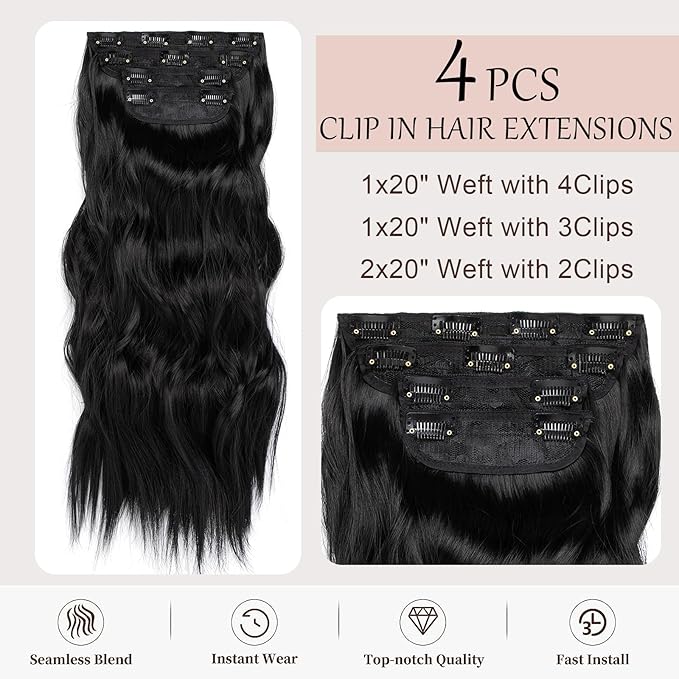 Clip in Hair Extensions Black Hair Extensions Clip ins 20 Inch Long Wavy Thick Hairpieces for Women Natural Synthetic Fiber Double Weft 4 Pcs