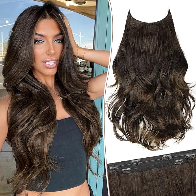 KooKaStyle Invisible Wire Hair Extensions 20"Long Wavy Layered Synthetic Clip in with Transparent Wire Adjustable Size 6 Secure Clips Dark Walnut Brown Thick Hairpieces for Women 20 Inch