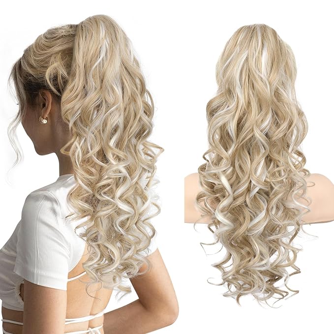 REECHO Ponytail Extension, 20” Claw Clip Ponytail Extension Curly Clip in Ponytail Long Pony Tails Hair Extensions for Women Fluffy Natural Looking Synthetic Hairpiece, Medium Blonde with Highlights