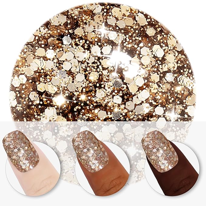 YTD Likomey Glitter Gel Nail Polish,15ml Champagne Gold Glitter Fall Winter Shiny Sparkly Salon Home DIY Manicure UV Color Varnish,SF399