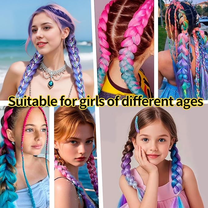 2 Pack Braid Ponytail Extensions, 26 Inch Braided Ponytail Wig with Elastic Tie for Girls (Green/Purple/Blue#, 26 Inch (Pack of 2))