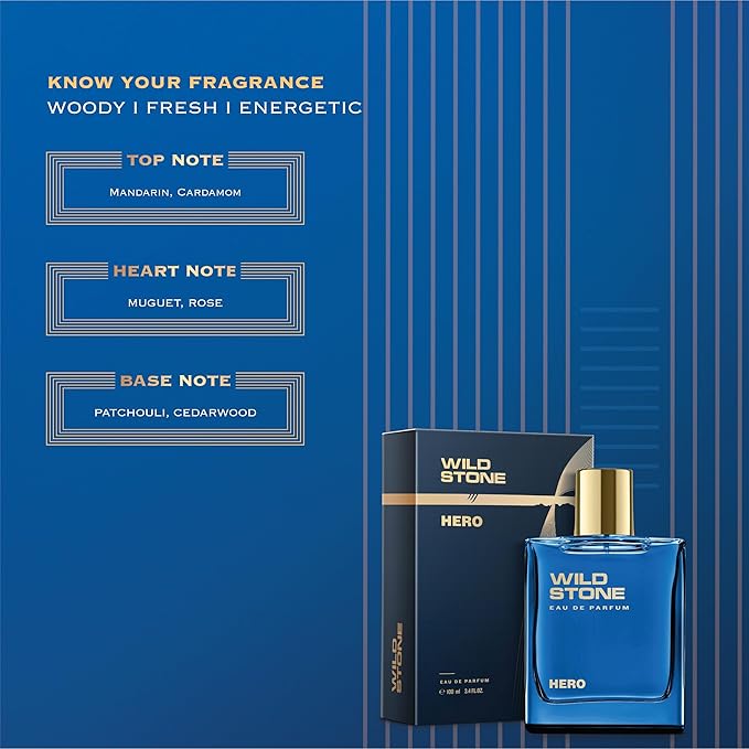 Wild Stone Hero Perfume for Men| Luxury Eau De Parfum | Long-Lasting Fragrance | Premium Perfume for Men | Infused with Aromatic & Marine Notes 100 ml 3.4 Fl oz | Vegan | Clean Ingredients
