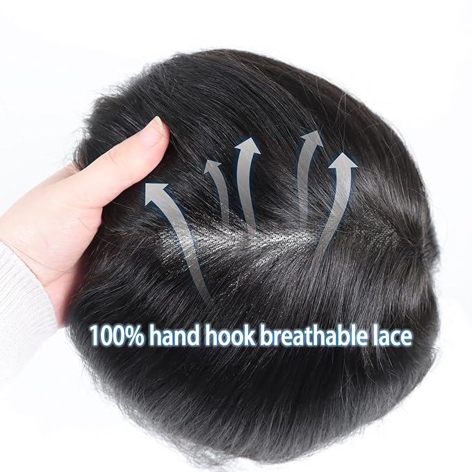 6x8 7x9 Hair Men’s Toupee Mono Lace PU Hairpiece Replacement Capillary Prosthesis System 100% Human Hair Breathable Durable Males Wig Natural Black (Q6, 8X10)