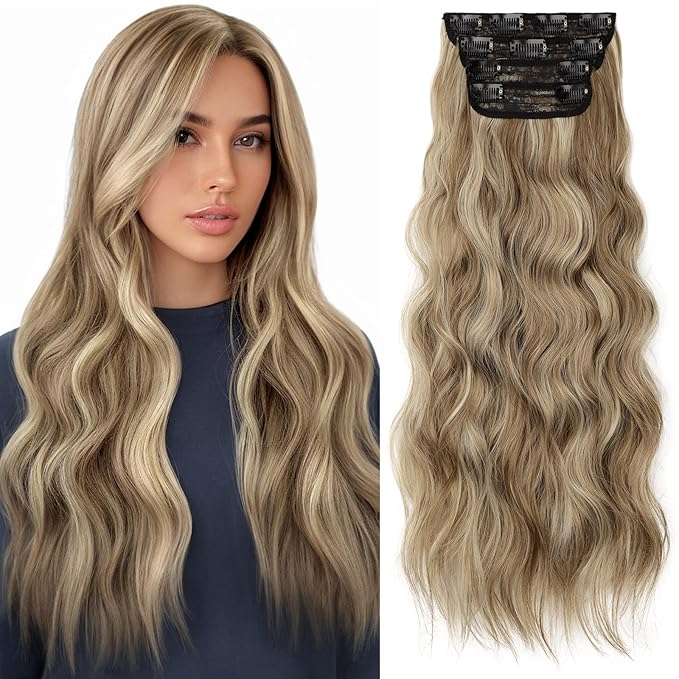 KooKaStyle Clip in Hair Extensions Long Wavy 4PCS Thick Hairpieces Synthetic Ash Blonde Balayage Fiber Double Weft Natural Hair Extensions for Women 24 Inch Daily Use