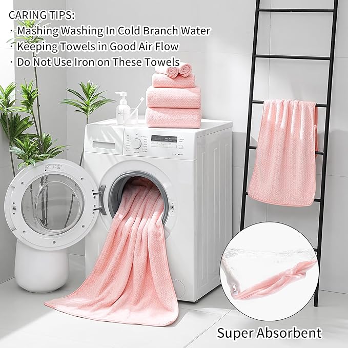 Ultra Soft Bath Towel Set,12 Piece (4 Bath Towels,4 Hand Towels,4 Washcloths) Family Bathroom Towel Set with Hanging Loops,Quick Dry Extra Absorbent Fluffy Shower Towel for Bathroom,Hotel,Spa-Pink