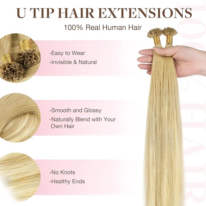 GOO GOO U Tip Hair Extensions Real Human Hair, 22inch 50g 50S, Hot Fusion U Tip Hair Extensions, 18AT60A Pearl Ash Blonde Highlights