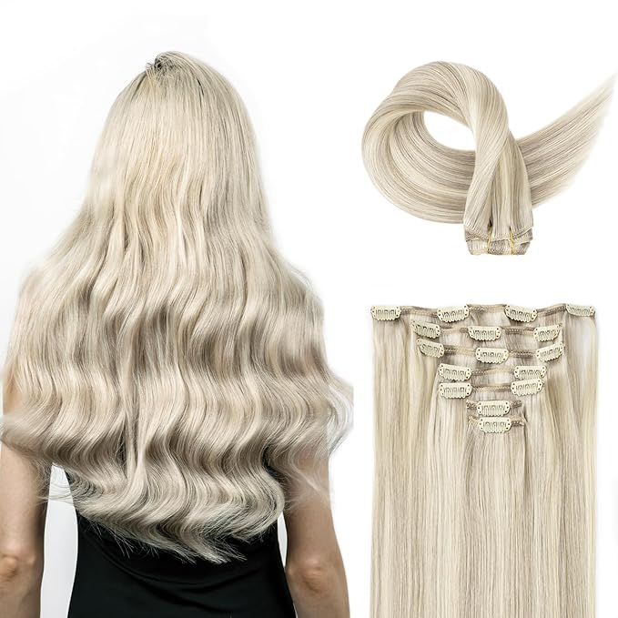 Clip in Hair Extensions Real Human Hair, Remy Hair Extensions Clip In Human Hair Thick and Silky, Ash Blonde Highlighted Platinum Blonde #P17A/60A 16Inch 120G 7PCS