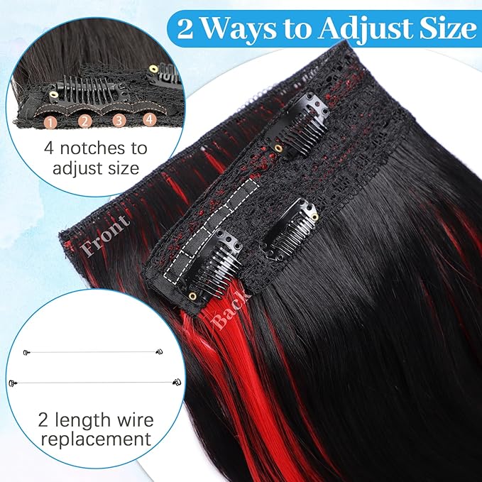 KooKaStyle Invisible Wire Hair Extensions 20"Long Wavy Layered Synthetic Clip in with Adjustable Size 6 Secure Clips Black with Red Highlights Thick Hairpieces for Women 20 Inch