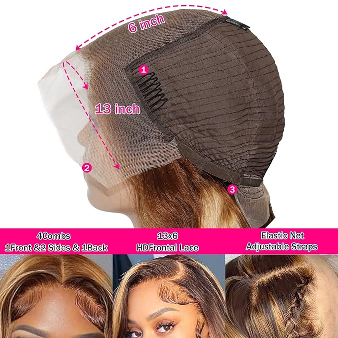 Aicrelery Highlight Ombre 13x6 Lace Front Wig Human Hair Pre Plucked 13x6 HD Transparent 4/27 Honey Blonde lace frontal Wigs with Baby Hair 180% Density Body Wave Lace Front wig for Women 22 Inch