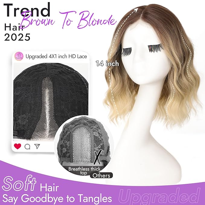 Brown to Blonde Short Wavy Wig for Women Lace Hairline Bob Style Synthetic Heat Resistant - Natural Appearance for Everyday Hairstyle 14 Inch