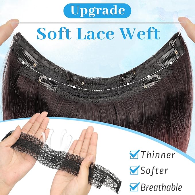 KooKaStyle Invisible Wire Hair Extensions Long Wavy Layered Synthetic Hairpieces with Transparent Wire Adjustable Size 6 Secure Clips Dark Brown to Dusty Rose Ombre for Women 20 Inch