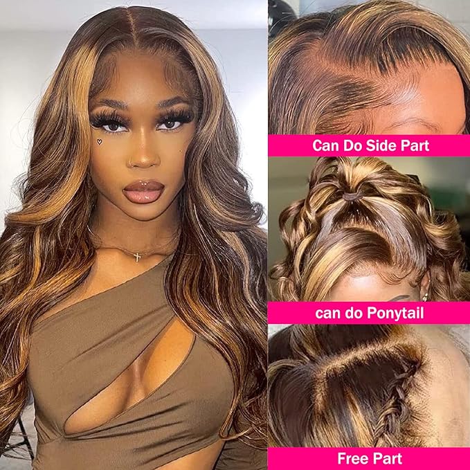 Aicrelery 4/27 Highlight 13x6 Lace Front Wigs Human Hair 13x6 Honey Blonde HD Lace Front Wig Pre Plucked with Baby Hair 180% Density Highlight Ombre Body Wave Lace Frontal wig for Women 20 Inch