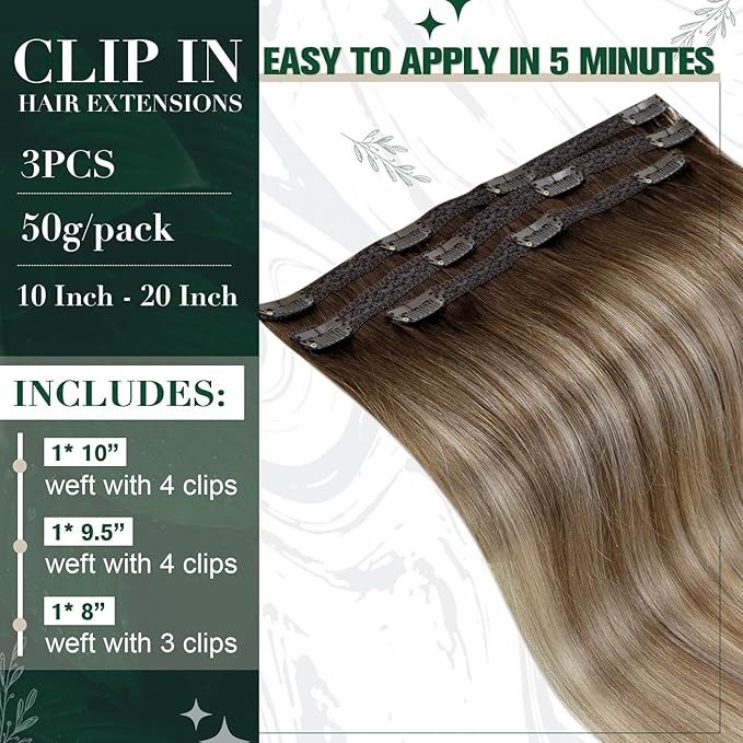 RUNATURE Clip in Hair Extensions Human Hair Balayage Clip in Human Hair Extensions for Women Soft Remy Natural Hair Straight 14 Inch 50g 3pcs #3/8/22 Walnut Brown to Blonde Balayage