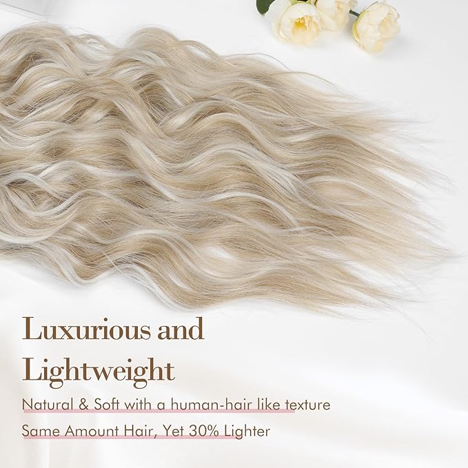REECHO Hair Extensions, 4PCS Clip in Hair Extensions HE001 Natural Soft Synthetic Hairpieces for Women, Ash Blonde with Blonde Highlights