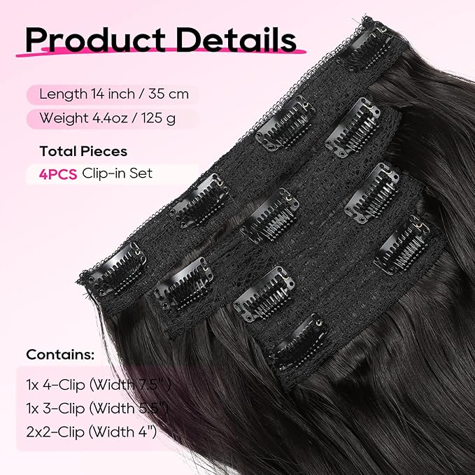REECHO Clip in Hair Extensions - 4PCS 14" Short Beach Wavy Hairpieces, Invisible Lace Weft, Natural Soft Hair for Women (Black Brown)