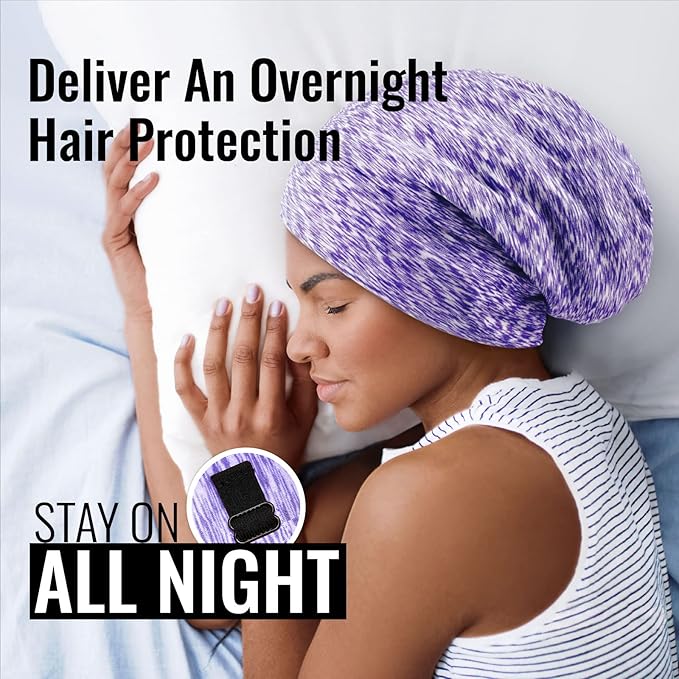 Satin Lined Sleep Cap Bonnet for Curly Hair and Braids, Stay On All Night Hair Wrap with Adjustable Strap for Women and Men, Pruple Type1, Pack of 1