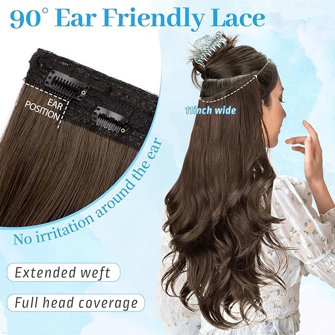 KooKaStyle Invisible Wire Hair Extensions Long Wavy Layered Synthetic Hair Extensions with Transparent Wire Adjustable Size 6 Secure Clips Medium Ash Brown Hairpieces for Women 20 Inch