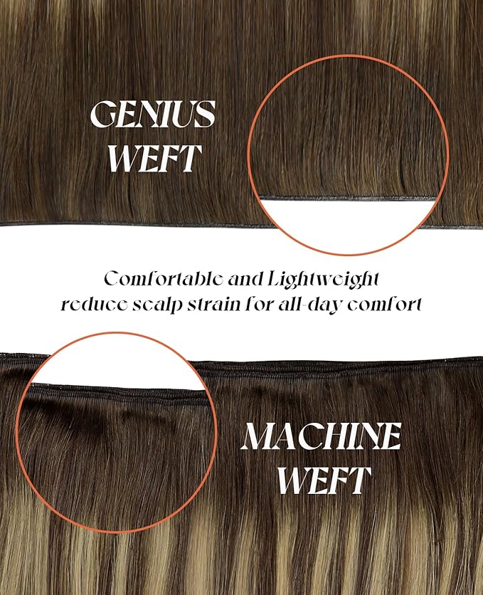 Sunny Hair Genius Weft Hair Extensions Human Hair Balayage Genius Weft Hair Extensions Real Human Hair Medium Brown Balayage Caramel Blonde Genius Hair Weft Extensions for Women Real Hair 14inch