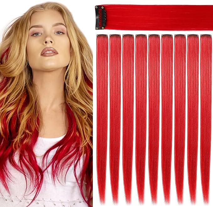 Rhyme 9PCS 21" Colored Clip in Hair Extensions Red Wig Hairpieces for Kids Girls Hair Clips Birthday and Holiday Party Highlights Dress Up hair Accessories (Red)
