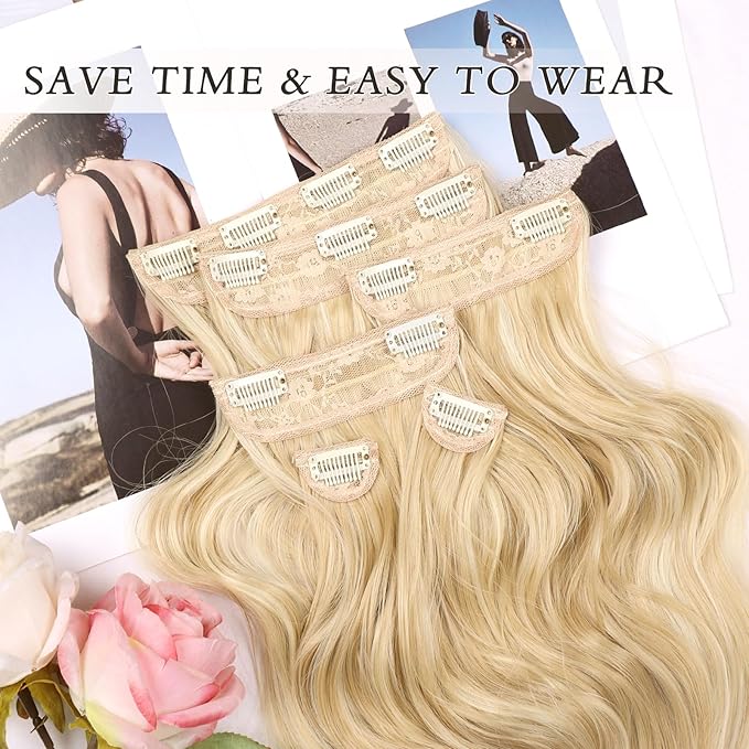 NAYOO Clip in Hair Extensions for Women 14 Inch Short Wavy Curly Blonde Mix Bleach Blonde Hairpieces Full Head Synthetic Hair Hairpieces(6PCS,Blonde Mix Bleach Blonde)