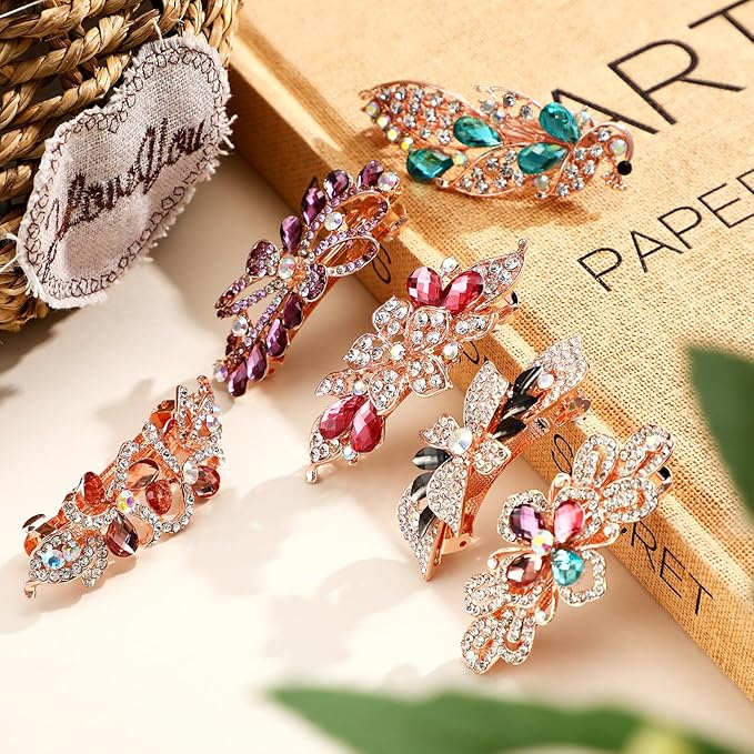 Geyoga 6 Pieces Vintage Hair Barrettes for Women Retro Flower French Pearl Crystal Rhinestones Clips Hair Pins for Women Styling Accessories(Vivid Style)