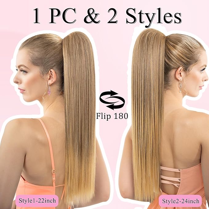 Ponytail Extension, 24" Long Straight Claw Clip Ponytail Extension clip on ponytails hair clip Hair claw clip Fake Ponytail Hairpieces for Women – Sandy Blonde/Caramel Rooted