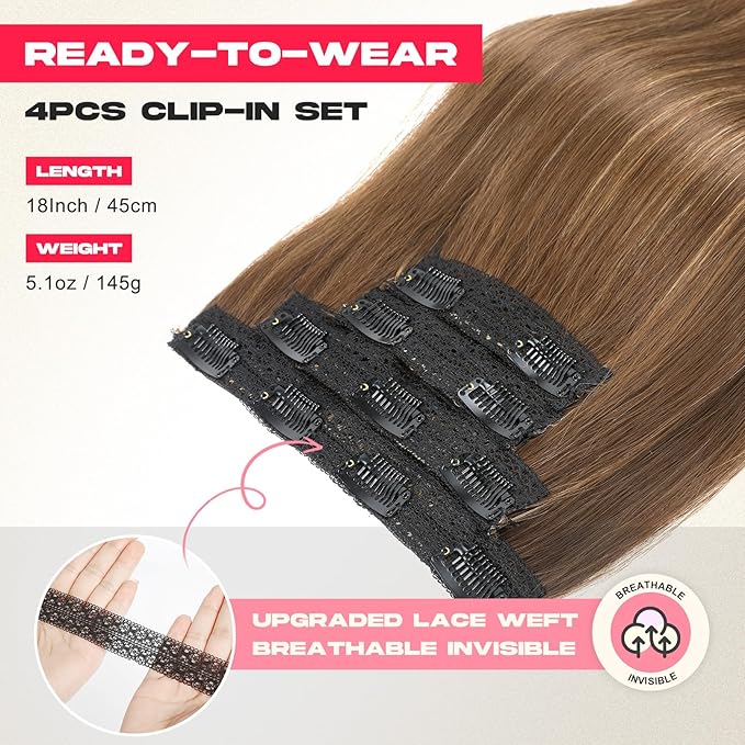 Hair Extensions, 4PCS 18" Clip in Hair Extensions Layered Cut Natural Lightweight Hairpieces with Thinner Softer Invisible Weft for Women - Light Brown with Highlights