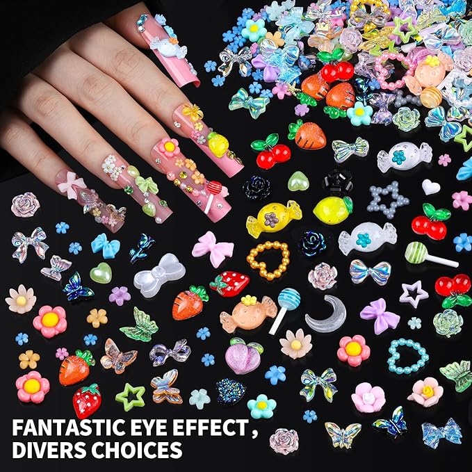 FANDAMEI Nail Charms and Gems, 24 Grids Nail Art Kit for Design, Y2K 3D Charms Rhinestone, Gold Metallic Nail Gems, Flatback AB Nail Rhinestones Gold Nail Pearls, 3D Fruits Flowers Nail Jewels