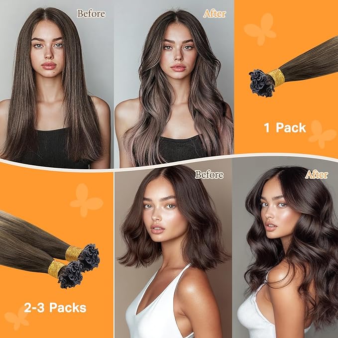 DOORES K Tip Hair Extensions, Chocolate Brown to Honey Blonde 16 Inch 50g/50s, U Tip Hair Extensions Human Hair