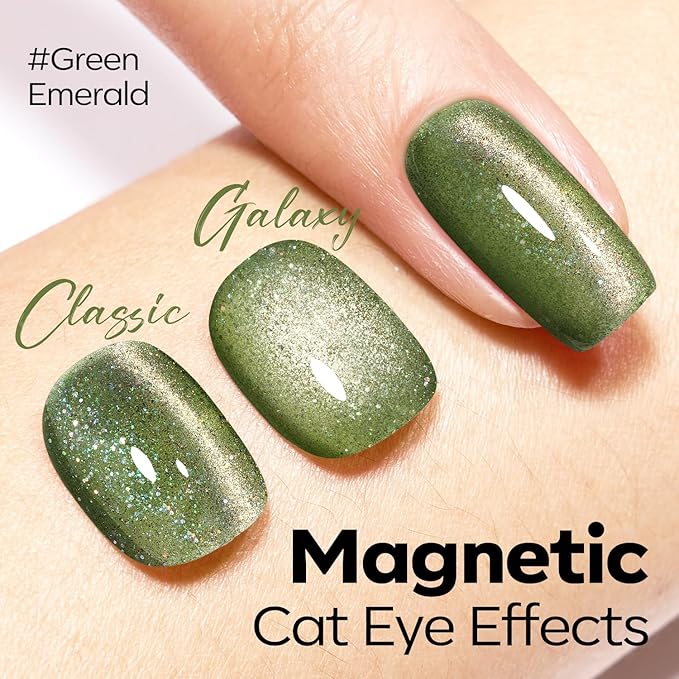 modelones Cat Eye Gel Nail Polish Glitter Green Polish with Magnet Sparkle Galaxy Series Nail Polish Soak Off Led Reflective Nail Art Gel Top Coat Manicure Salon DIY 15 ML