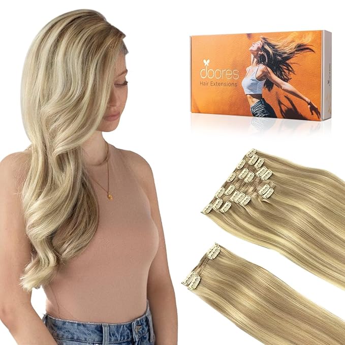 DOORES Clip in Hair Extensions, Light Blonde Highlighted Golden Blonde 150g 9pcs 24 Inch, Real Human Hair Clip ins Remy Clip In Hair Extensions Natural Silky Straight