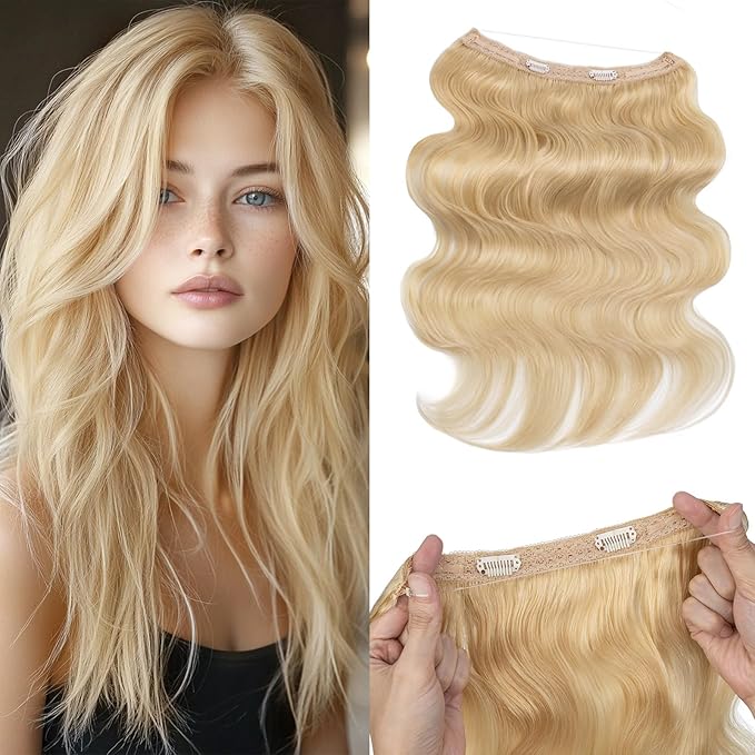 Halo Hair Extensions Real Human Hair,Halo Hair Extension 100% Human Hair,Wire Hair Extensions,Wavy 613 Bleach Blonde 20inch/70g