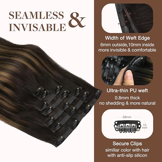 GOO GOO Clip in Hair Extensions Real Human Hair, Remy Human Hair Extensions Clip ins for Women, Natural Human Hair, 20inch 150g 7Pcs, 2/6/2 Balayage Dark Brown to Chestnut Brown