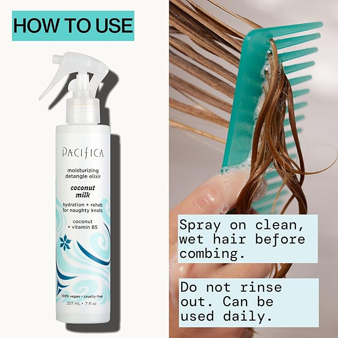 Pacifica Coconut Milk Hair Detangler Spray - Leave In Conditioner Spray, Detangling Elixir Suitable for All Types, Fine and Curly Hair Products, Smoothing, Moisturizing, and Anti-Frizz - 207 mL