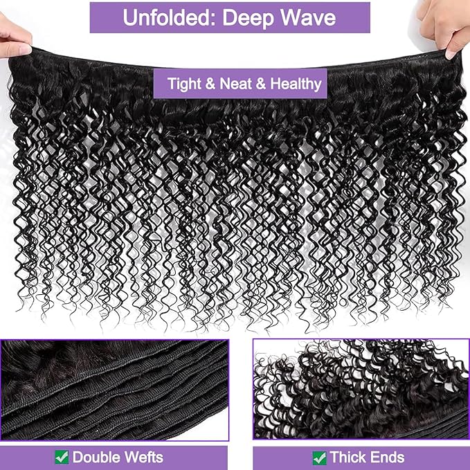12A Human Hair Bundles 20 22 24 Inch Deep Wave Bundles Human Hair 100% Unprocessed Brazilian Virgin Curly Weave 3 Bundle Water Wavy Hair Extensions for Women Natural Black