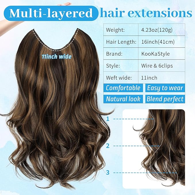 KooKaStyle Invisible Wire Hair Extensions Long Straight Layered Synthetic with Transparent Wire Adjustable Size 6 Secure Clips Hairpieces for Women 16Inch (Balayage Dark Brown to Chestnut)
